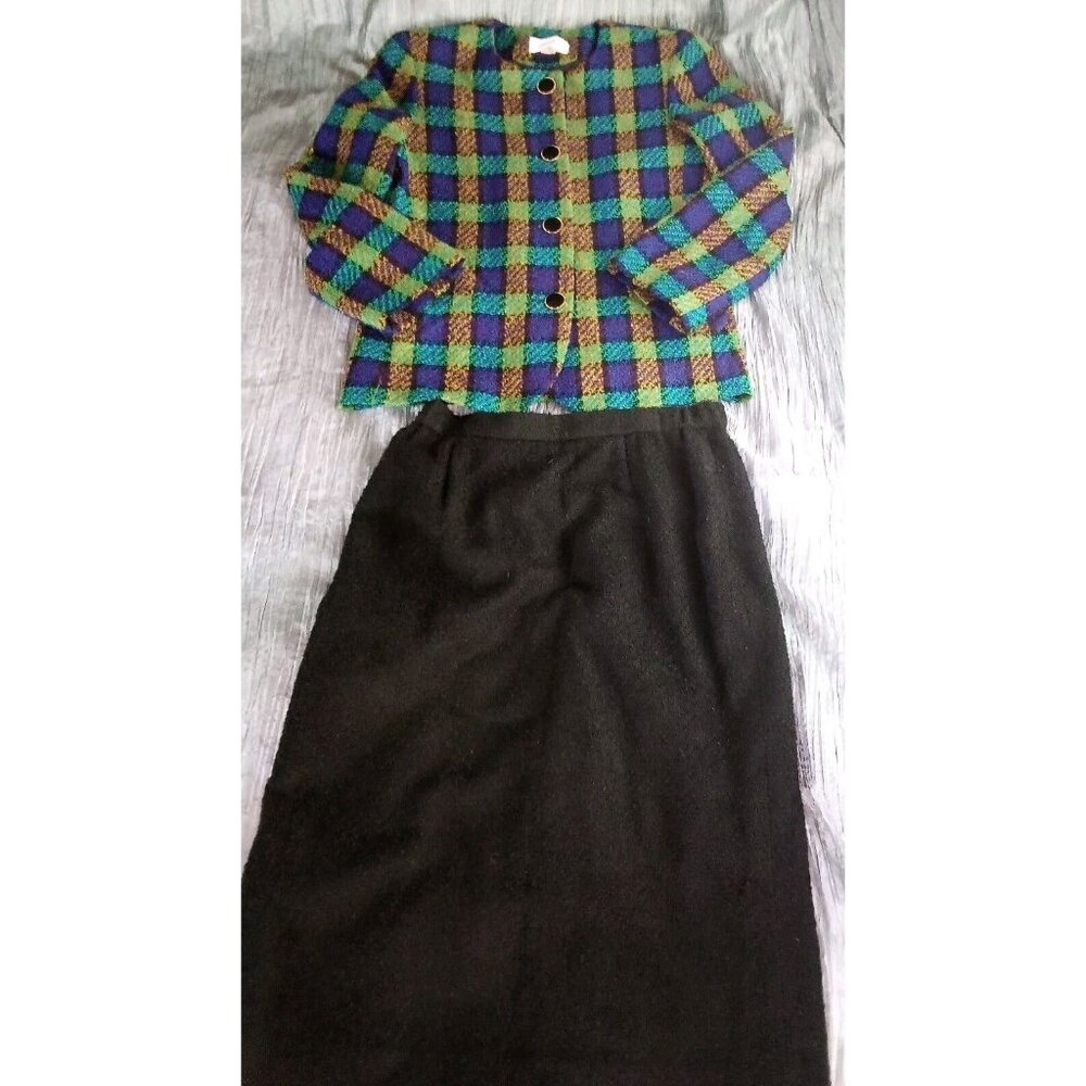 Vintage Lilli Ann Collection 2PC Multicolor Tweed Plaid Wool Skirt Suit